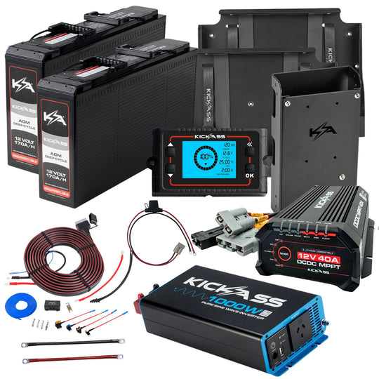 KickAss Twin 12V 170Ah Slimline Deep Cycle AGM Complete Dual Battery Kit with 1000W Inverter, 40A DCDC Charger, Tray & Wiring - 340Ah Capacity